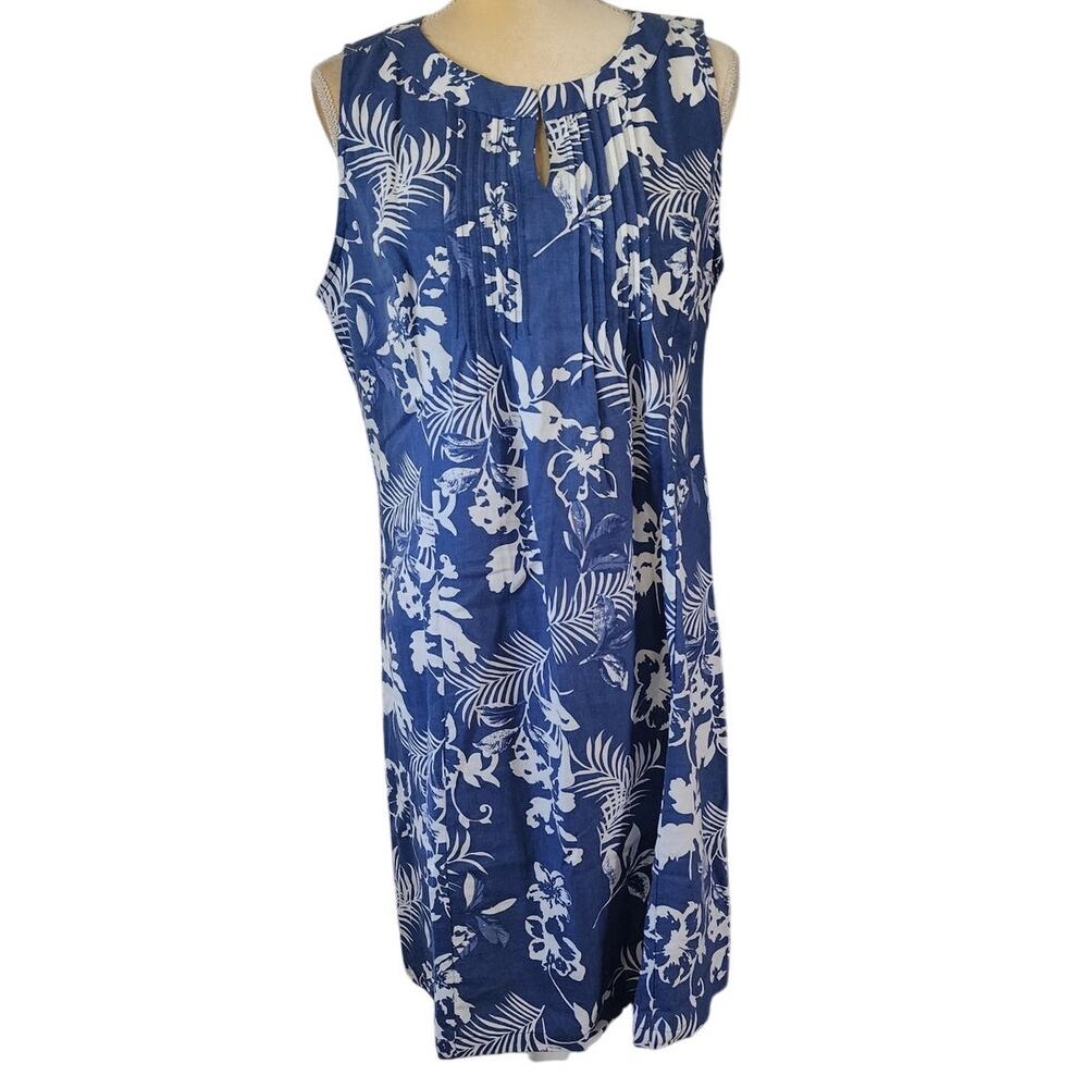 Chadwicks Linen Floral Coastal Blue Knee Length Sleeveless Dress Size Medium